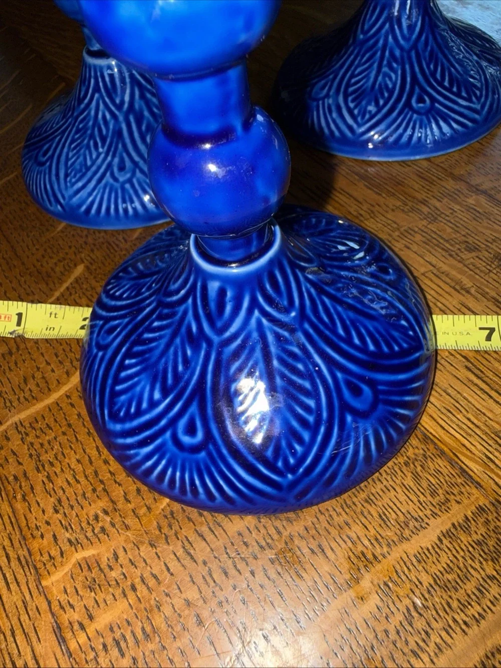 Bright Blue Embossed Ceramic Candlestick Holders - Set of 3